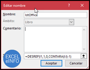 El Nombre lstOffice guardará la fórmula donde usamos la función DESREF.