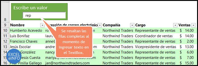 Se resaltan las filas completas al momento de ingresar texto en el TextBox.
