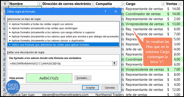 Se resaltan las filas que en la columna Cargo contengan la letra "c".