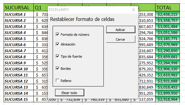 Macro en Excel para restablecer formato de celdas, usando formulario con opciones combinables