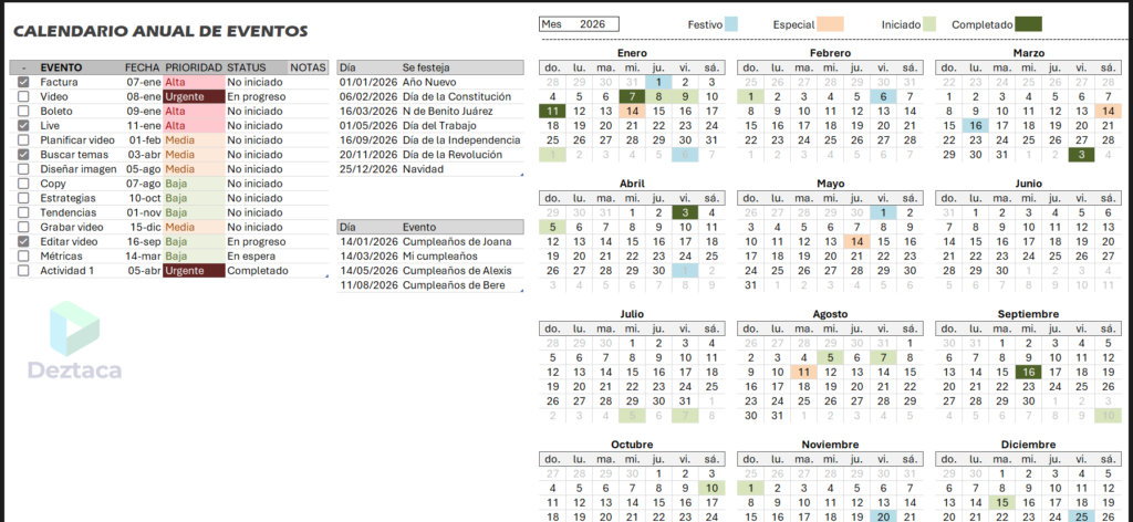 Imagen 1. Calendario anual en Excel.