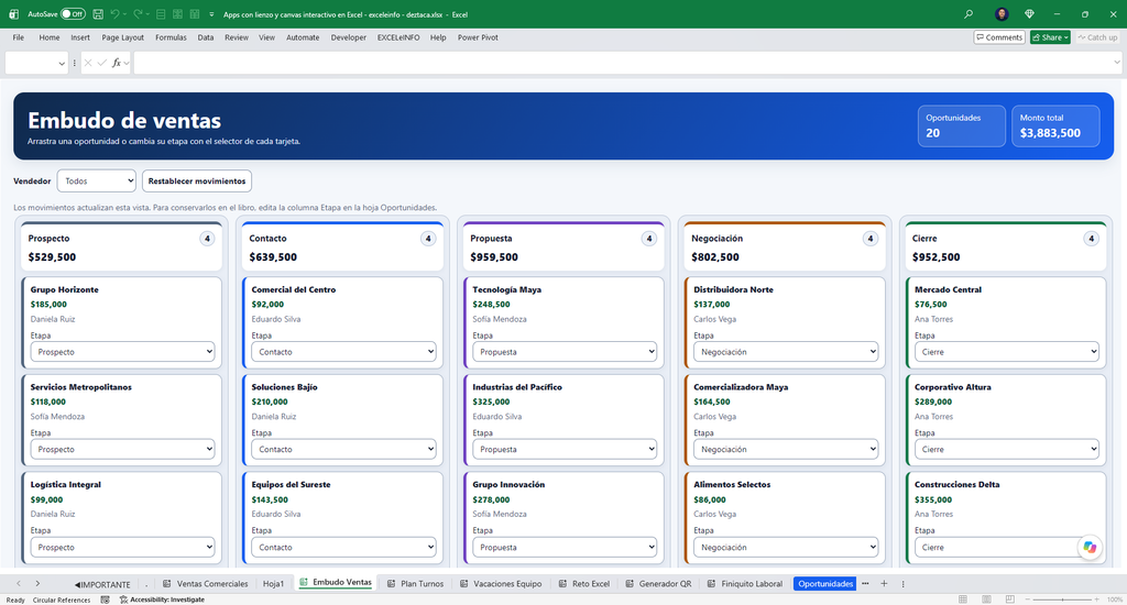 Embudo de ventas tipo kanban con canvas interactivo en Excel. EXCELeINFO, Deztaca. Embudo de ventas tipo kanban con canvas interactivo en Excel. EXCELeINFO, Deztaca.