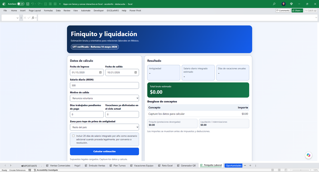 Calculadora de finiquito y liquidación canvas interactivo en Excel. EXCELeINFO, Deztaca. Calculadora de finiquito y liquidación canvas interactivo en Excel. EXCELeINFO, Deztaca.
